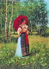 Oil painting Nikolay+Bogdanov+Belsky-Reading+A+Letter lady woman in landscape picture