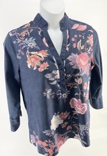Chico's Women's 2 Blue Floral V-Neck 3/4 Sleeve No-Iron Stretch Tunic Blouse picture