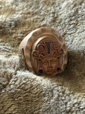 Vintage Mexican Silver Aztec Mayan Deity Face Enamel Shield Ring Size 11-12 picture