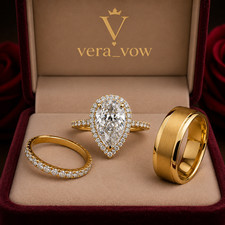 His/Her Trio Ring Attractive 3Ct Pass Test Moissanite 14K Yellow Gold Plated Set picture