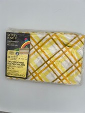 Vintage Sears Pillowcases Medley Mates Plaid II Standard Size Yellow Orange NOS picture