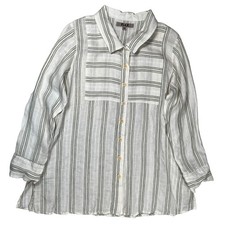 Flax Linen Shirt Women's Sz M White Green Striped Button Down Lagenlook Tunic picture
