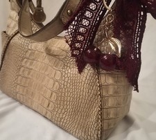 Brahmin Kendall Cream Croc Embossed Leather Zip Shoulder Bag Vintage Y2K Boho picture