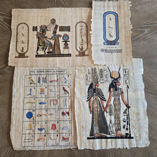 Egyptian Papyrus Art Hand Painted Set of 4 Heroglyph Pharaohs Birds Colored picture