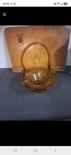 Vintage Indiana Glass Tiara Sandwich Golden Amber Basket W/Handle 7.5