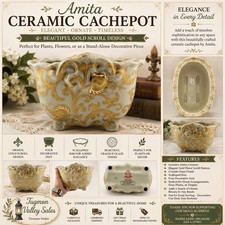 Amita Ceramic Cachepot Planter Gold Scroll Footed Jardiniere Crackle Glaze 8” picture