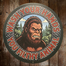Funny Bathroom Sign Funny BIGFOOT Sign Metal 'Wash Your Hands' Men's Room Sign picture