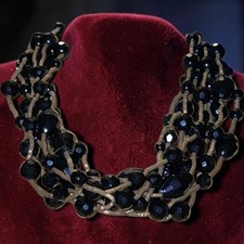 Vintage Robert DeMario Multi Strand Faceted Black Glass Bib Collar Necklace 1950 picture