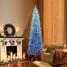 7 ft Snow Flocked Artificial Christmas Tree Pencil Slim Blue Tree w/300 Lights picture