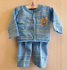 Baby Handmade 3-6 Vintage Unisex 2pc Knit Pants Set Blue Striped Bear Button picture