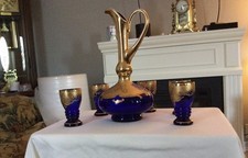 6pc CZECH BOHEMIAN MOSER GLASS DECANTER 5 GOBLETS BLUE HEAVY GOLD GILT picture