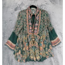 Soft Surroundings Top Womens Size L Paisley Boho Tunic Floral Embroidered Green picture