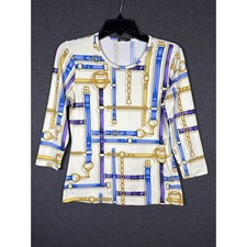 J.McLaughlin Womens Small Equestrian Belt Chain Print 3/4 Sleeve Top White Blue picture