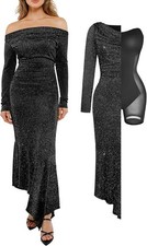Popilush Shapewear Maxi Dress Sparkly Off Shoulder Long Sleeve  Bodycon Mermaid picture