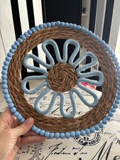Boho Woven Straw Daisy Wall Hanging Round Flower Blue Wooden Bead Natural 11