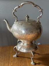 Antique Roberts & Belk Silverplate Tilting Teapot on Stand, Spirit Kettle, picture