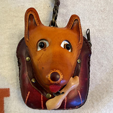 Vintage Handcrafted Leather Dog Dangling Bone Coin Purse Wristlet Excellent Cond picture