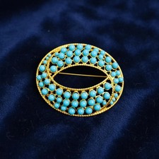 Retro & Antique Blue Turquoise 18K Yellow Gold Over Bohemian Oval Brooch Pin 1PC picture