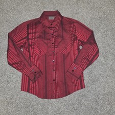 Chico's Women’s 0 Red Black Striped Silk Blend Woven Collared Button-Up Shirt picture
