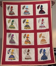 Vintage Hand Quilted Parasol Lady Sunbonnet Sue Quilt-Blanket 53x42in/135x107cm picture
