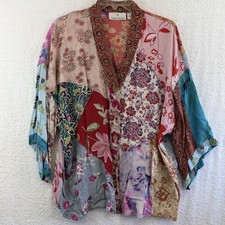 Sacred Threads Kimono Top Womens Medium Multicolor Floral Patchwork Boho Rayon picture