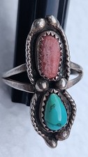 Vintage Navajo Sterling Silver Blue  Turquoise & Red Coral CB Signed Ring Size 8 picture