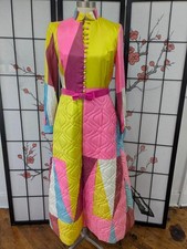 Vtg 60s 70s Designer BILL TICE COLOR BLOCK QUILTED Op Art Satin Dress Gown Robe picture