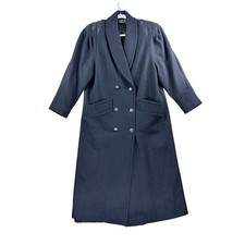 Vintage Jofeld Wool Coat Womens S/M Black Leather Trim Double Breasted Trench picture