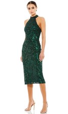 Mac Duggal Bottle Green Lattice Sequined Beaded Halter Midi Dress Size 12 $398 picture