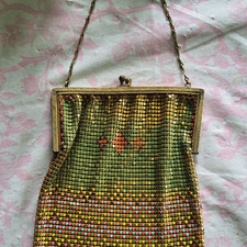 Vintage Metal Mesh Evening Bag Gold Green Pink Orange Chain Handle 1920's picture