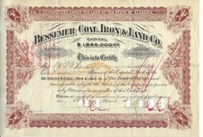 BESSEMER,ALABAMA-VINTAGE STOCK CERTIFICATE BESSEMER COAL,IRON & LAND CO. picture