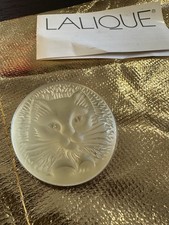 Signed Lalique France Frosted Crystal Chat Cat Medallion Brooch Vintage~1990s picture
