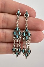 Vintage Zuni Sterling Silver Needlepoint Turquoise Cluster Dangle Earrings 2.25