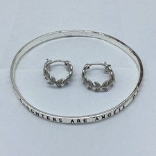 Sterling Silver 925 Daughters Are Angels Bangle Bracelet & Leaf Earrings Set picture