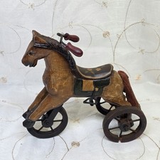 Vintage Hand Carved Wooden Horse Tricycle Figurine Folk Art Toy Decor picture