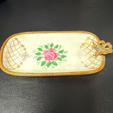 Antique B&C Limoges France Hand Painted Pink Rose Gold Lattice Trinket Dish 5” picture