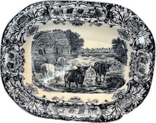 Wedgwood England Blue & White Oval Stoneware Platter, Cattle Animals Scene picture