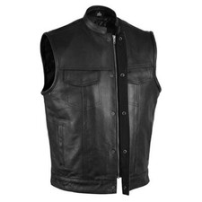 SOA Men's Motorcycle Club Leather Vest Concealed Carry Arms Solid Back picture