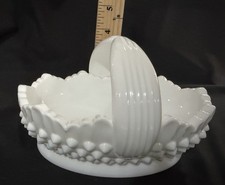 Vintage Fenton Glass Oval Candy Dish With Handle Hobnail White Milk Glass picture