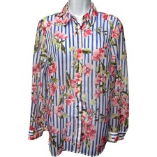TALBOTS Womens Blue Floral Stripe Sheer Long Sleeve Button Down Blouse Sz M Chic picture
