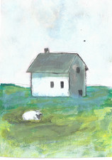 ORIGINAL acrylic folk art Cottage and sheep on paper OOAK 5x7