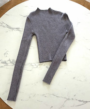 Women’s Gray Ribbed Knit Mock Neck Long Sleeve Pullover Sweater Top XS picture