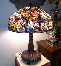 RARE Vintage MEYDA MAGNOLIA TIFFANY TABLE LAMP Large 3-Light Leaded Glass 32