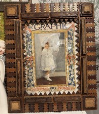 Antique Tramp Art XL Frame Folk Carved Wood Layers 23” Art Nouveau 1900s Vintage picture