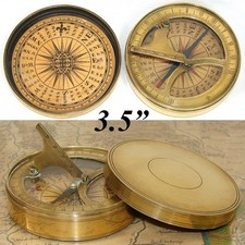 Antique Likely c. 1750-1850 Pocket Compass with Folding Sundial, Bronze or Brass picture