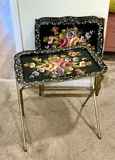 Vintage MCM Toleware Floral Metal TV Trays Set of 2 Folding Brass Stand GUC picture