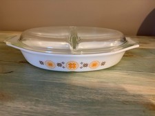 Vintage Pyrex Town & Country 1.5 Qt Divided Casserole Dish w/Original Glass Lid picture