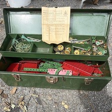 Meccano Set 7 Vintage Bulk Lot Metal Parts w/ Box Wheels Axles/Rods String picture