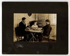 Antique c. 1910 Children Playing Carrom Checkers Game Photo On Board 8x10” picture