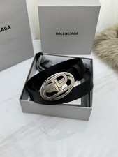 BALENCIAGA Men's Black Leather Belt Silver Logo Buckle With Box Dust Bag. picture